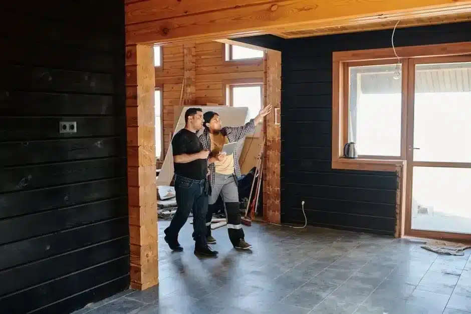 Two workers examining framing inside a garage with concrete floors and black siding.