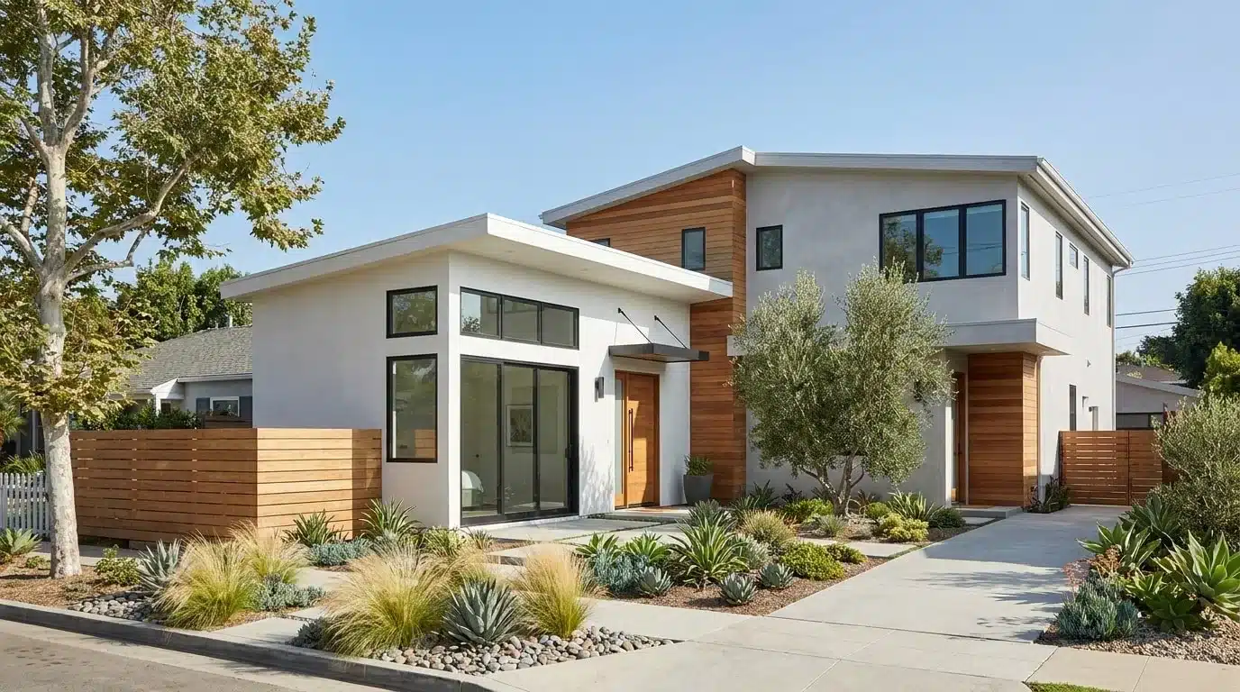 Modern two-story white house with wood accents, large windows, concrete driveway, and drought-resistant front landscaping.
