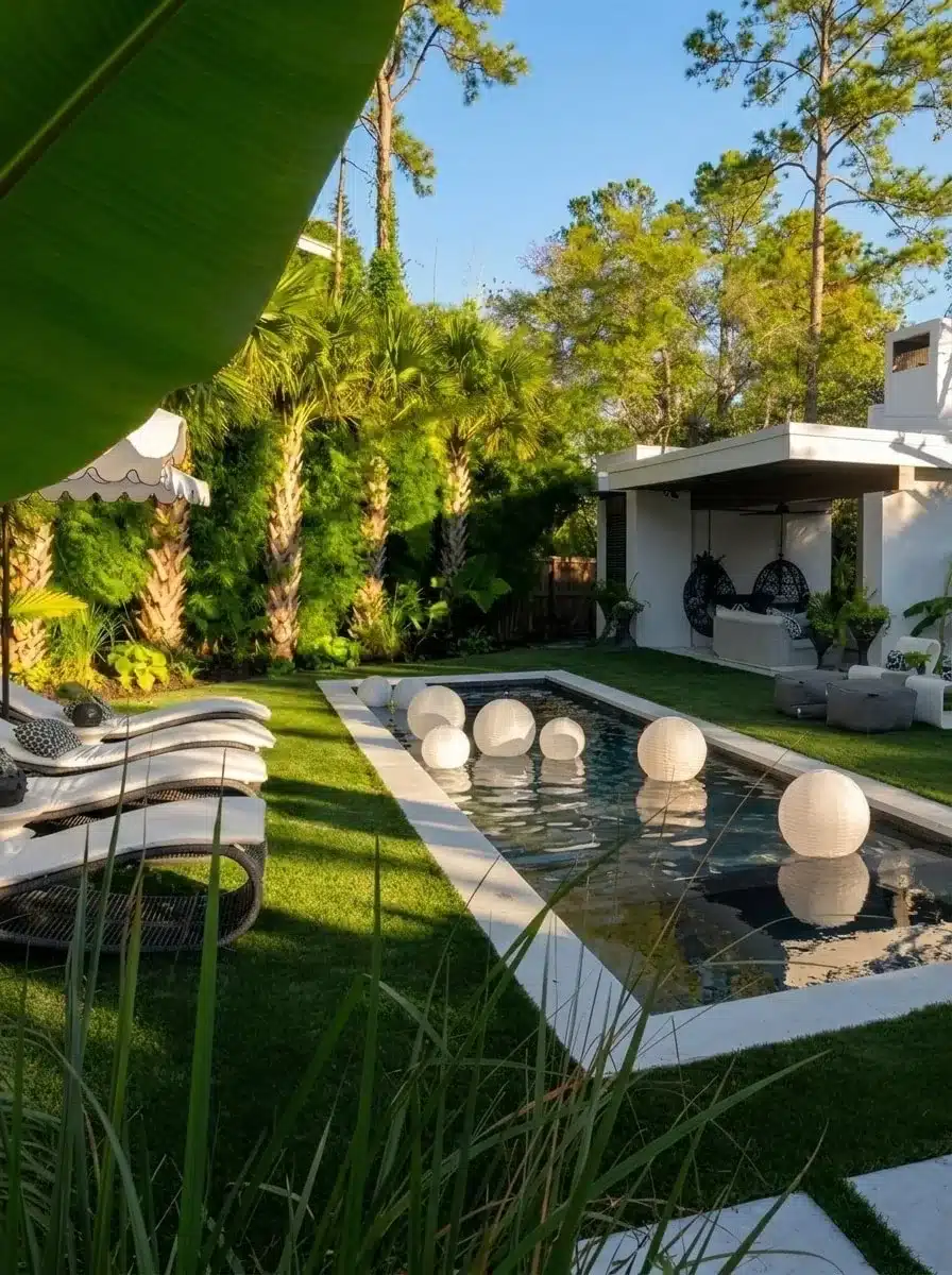 Backyard with a rectangular pool, lounge chairs, palm trees and a white pavilion with hanging chairs